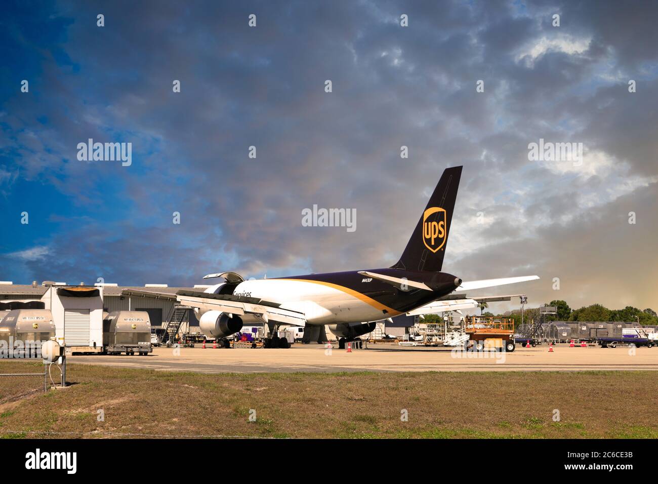 UPS cargo plane being undergoing maintenance at a facility at Fort Myers (RSW) airport in Florida Stock Photo