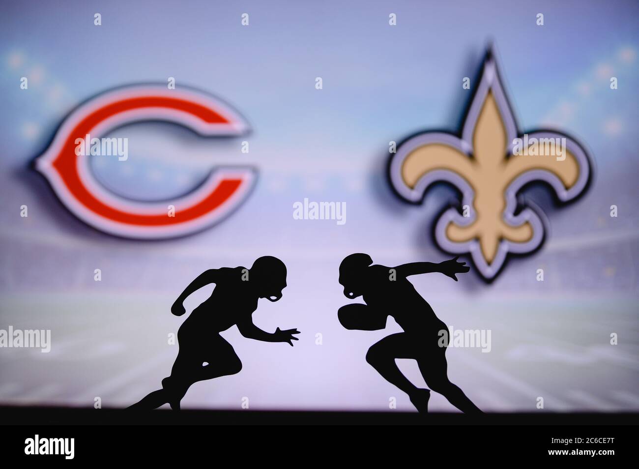 Chicago Bears vs. New Orleans Saints. NFL match poster. Two american