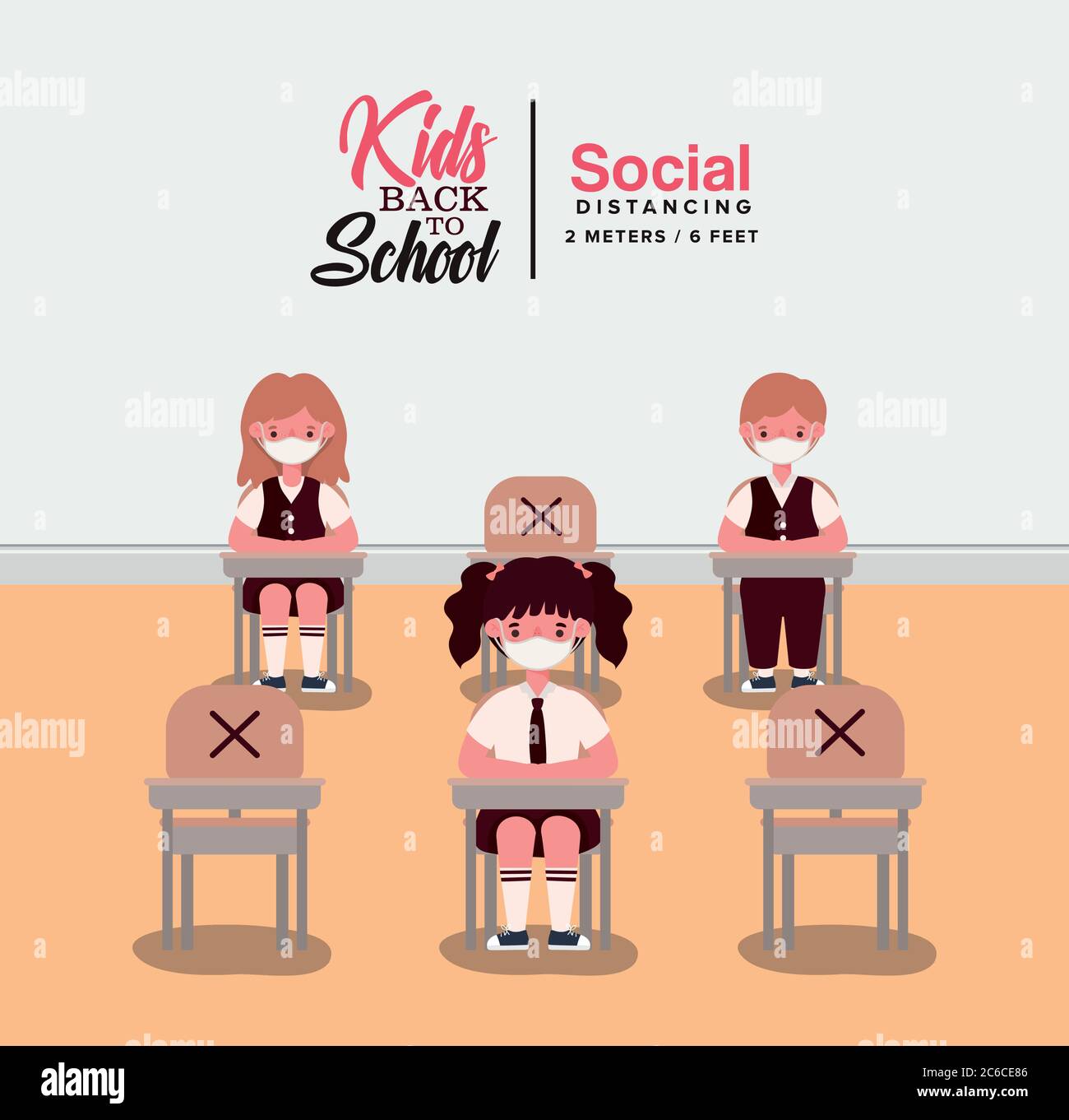 Girls and boy kids with uniforms and medical masks at desks design ...