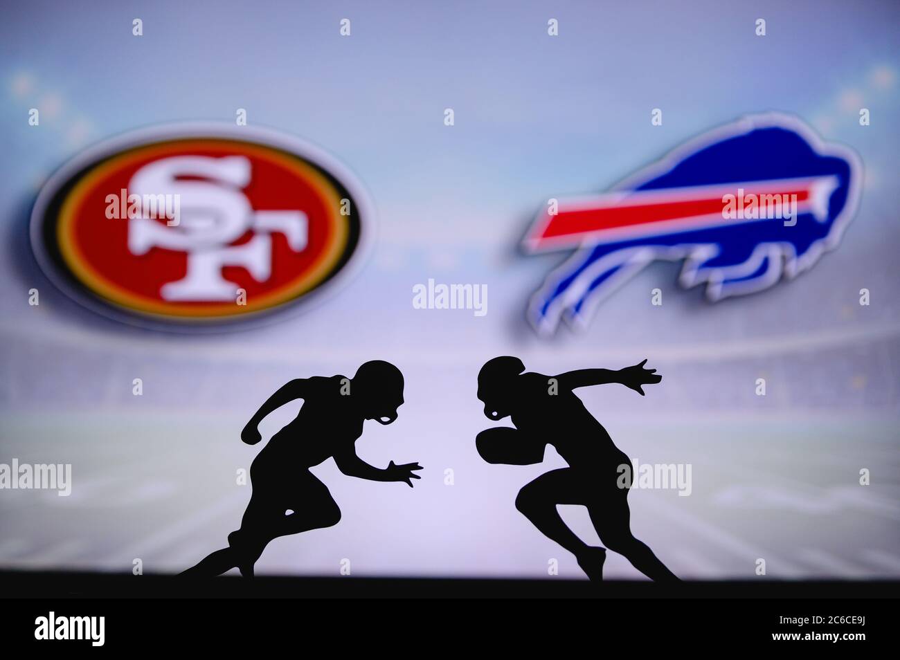 San Francisco 49ers vs. Buffalo Bills. NFL match poster. Two american