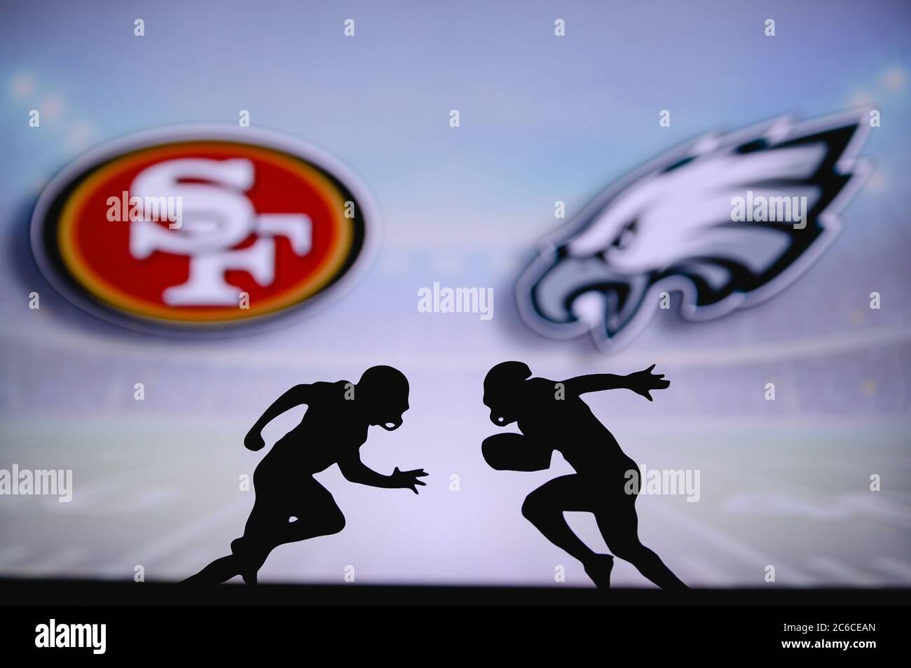 San Francisco 49ers vs. Philadelphia Eagles. NFL match poster. Two american  football players silhouette facing each other on the field. Clubs logo in  Stock Photo - Alamy