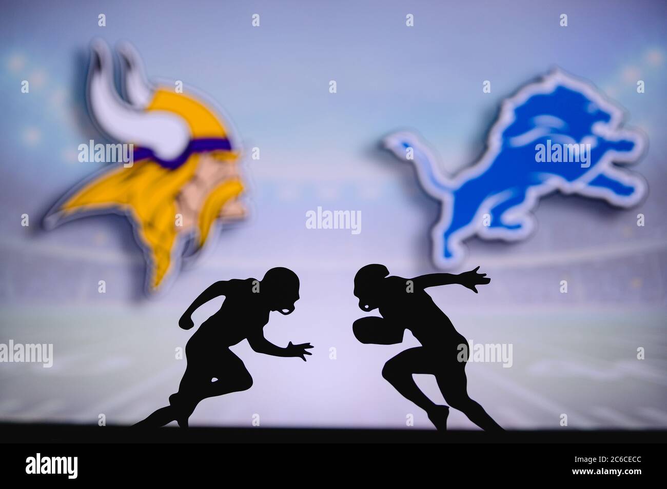 Detroit Lions vs. Houston Texans. NFL match poster. Two american football  players silhouette facing each other on the field. Clubs logo in background  Stock Photo - Alamy