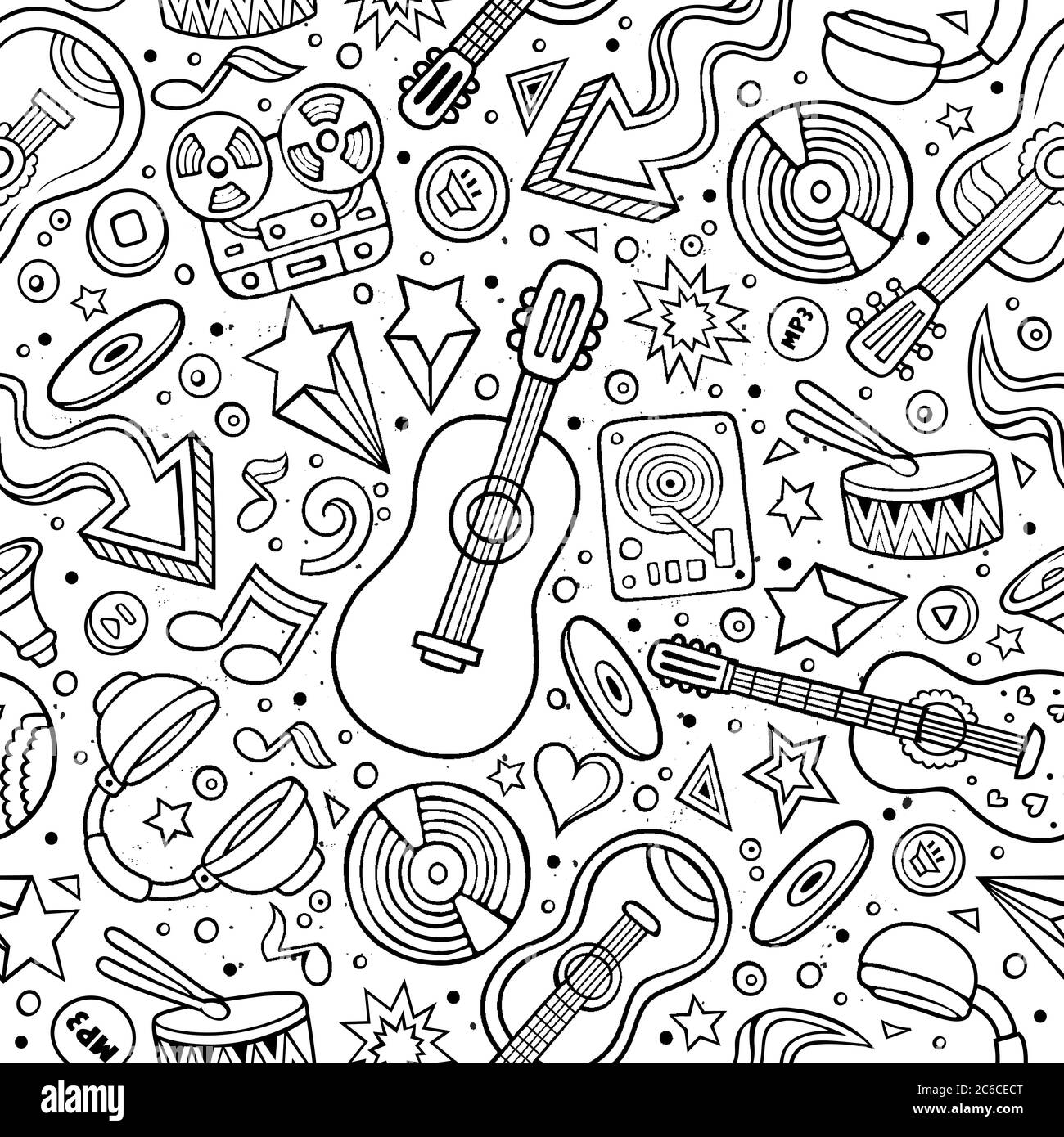 Cartoon hand-drawn musical instruments seamless pattern Stock Vector ...