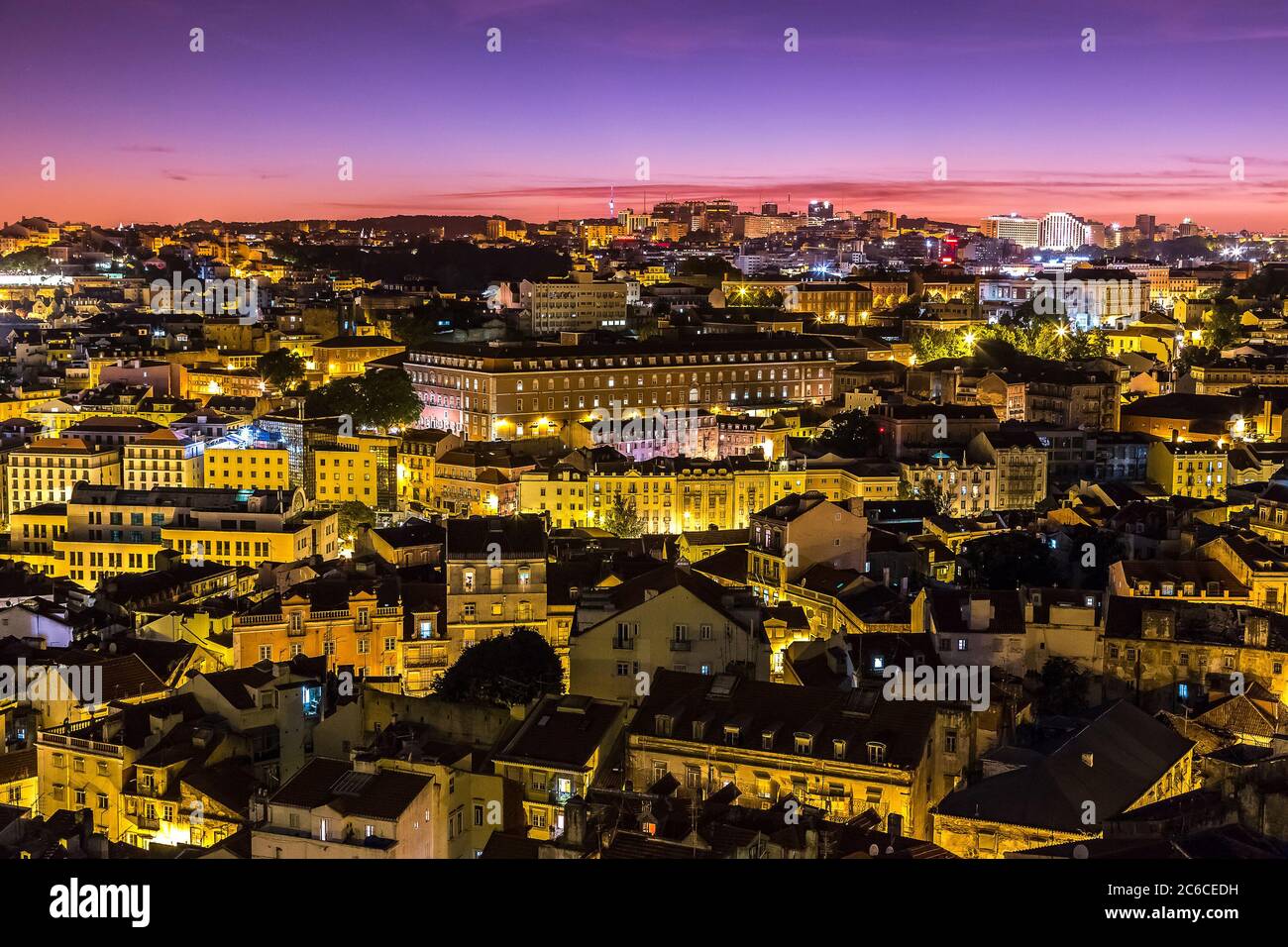 Aerial view of Lisbon at night, Portugal. Sao Jorge Castle Stock Photo