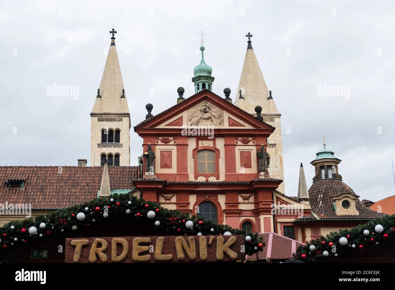 Trdelnik food vendor shop at a Christmas market at Prague Castle Stock Photo