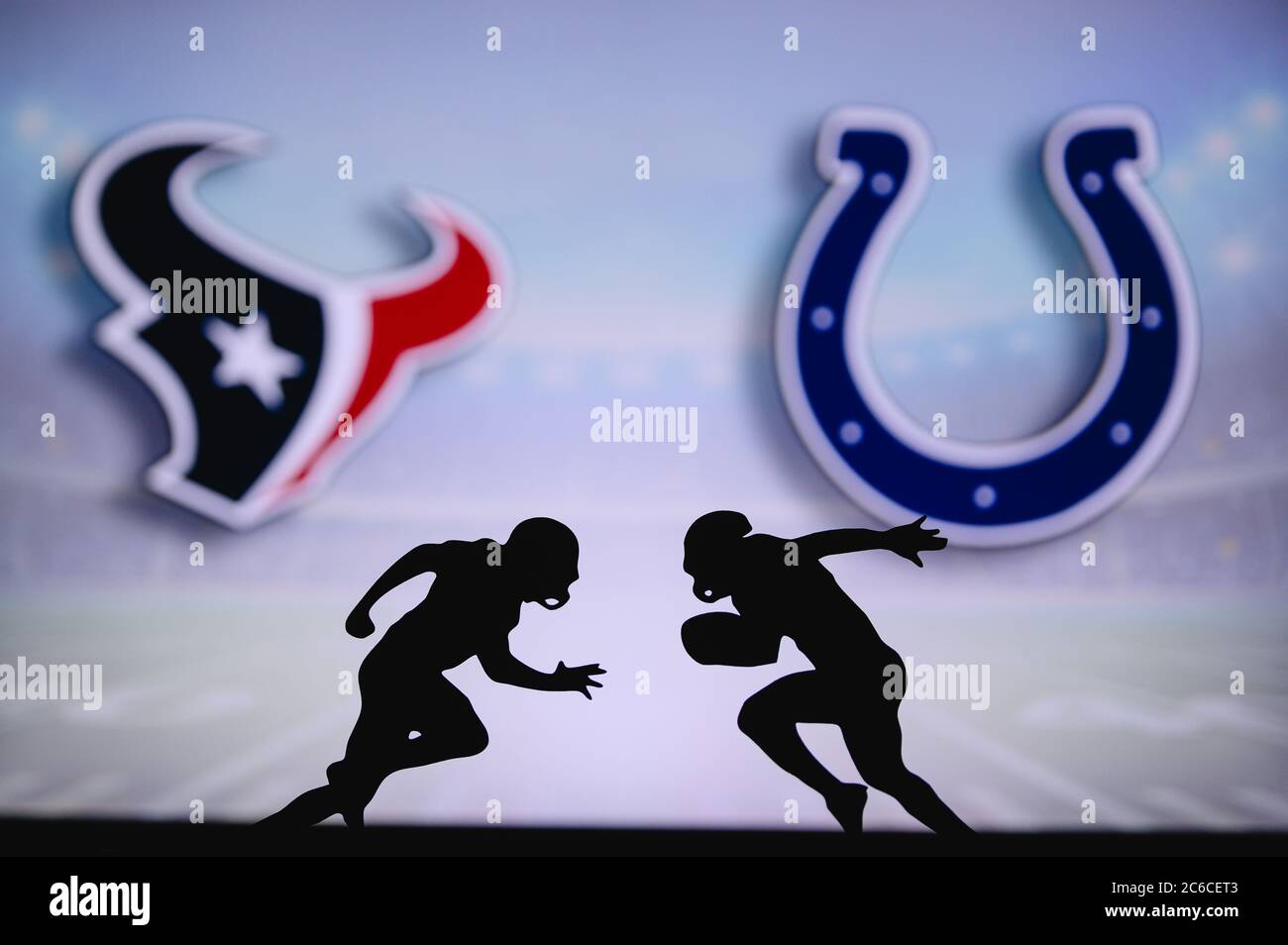 Houston Texans vs. Indianapolis Colts. NFL match poster. Two american  football players silhouette facing each other on the field. Clubs logo in  backgr Stock Photo - Alamy