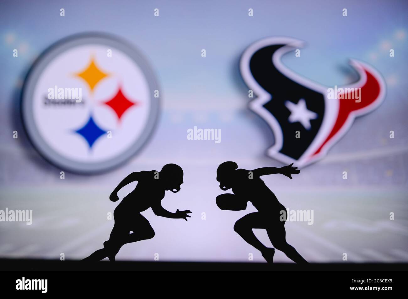 Pittsburgh Steelers vs. Houston Texans. NFL match poster. Two american
