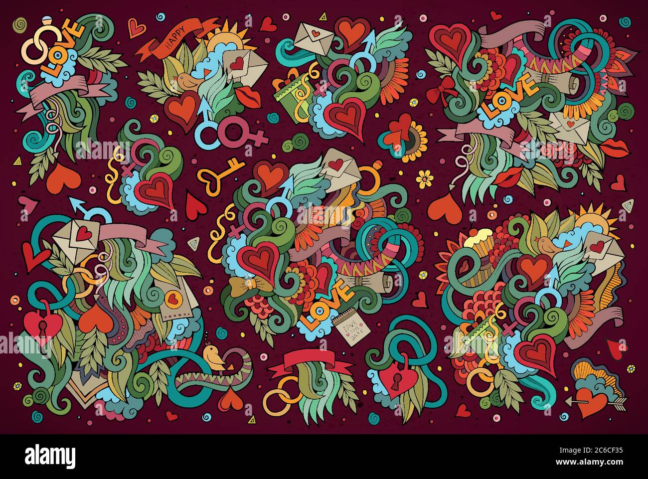 Colorful vector hand drawn doodles cartoon set of Love Stock Vector ...