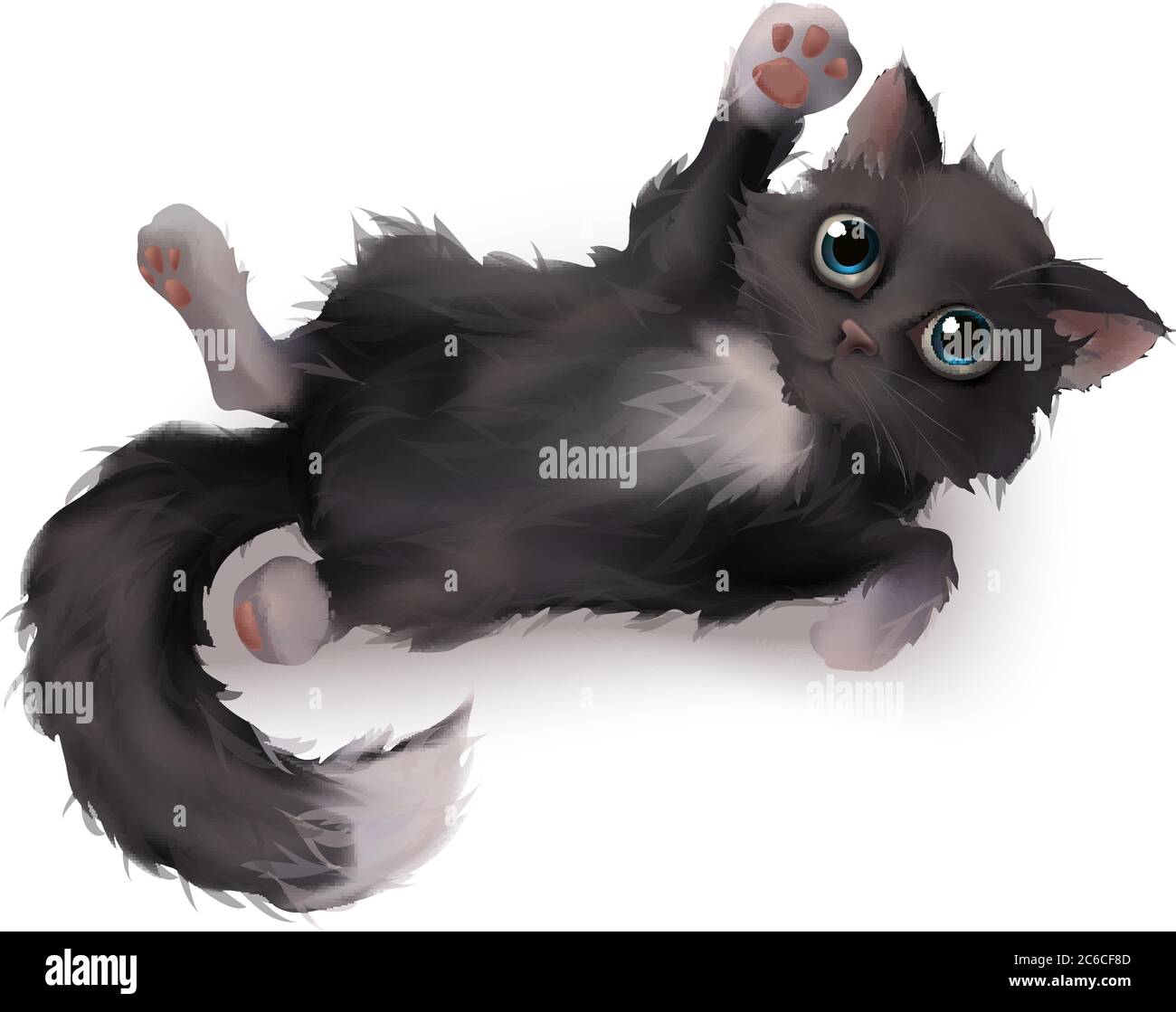 Black white kitten in vector 3d realistic, Isolated on white background. Fluffy cat character. Symbol Halloween. Stock Vector