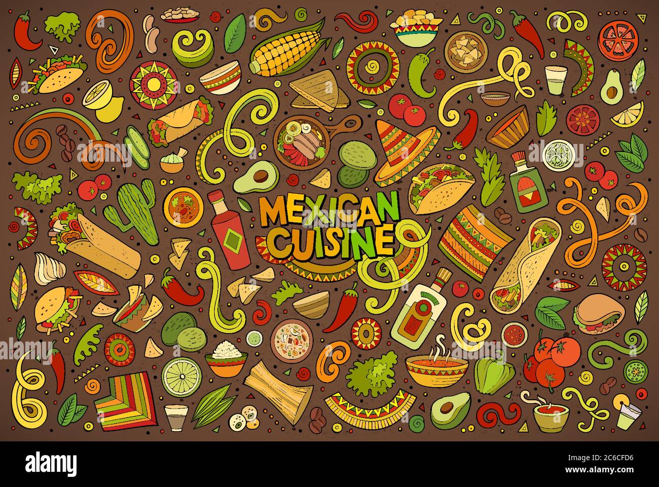 Doodle cartoon set of Mexican Food objects Stock Vector