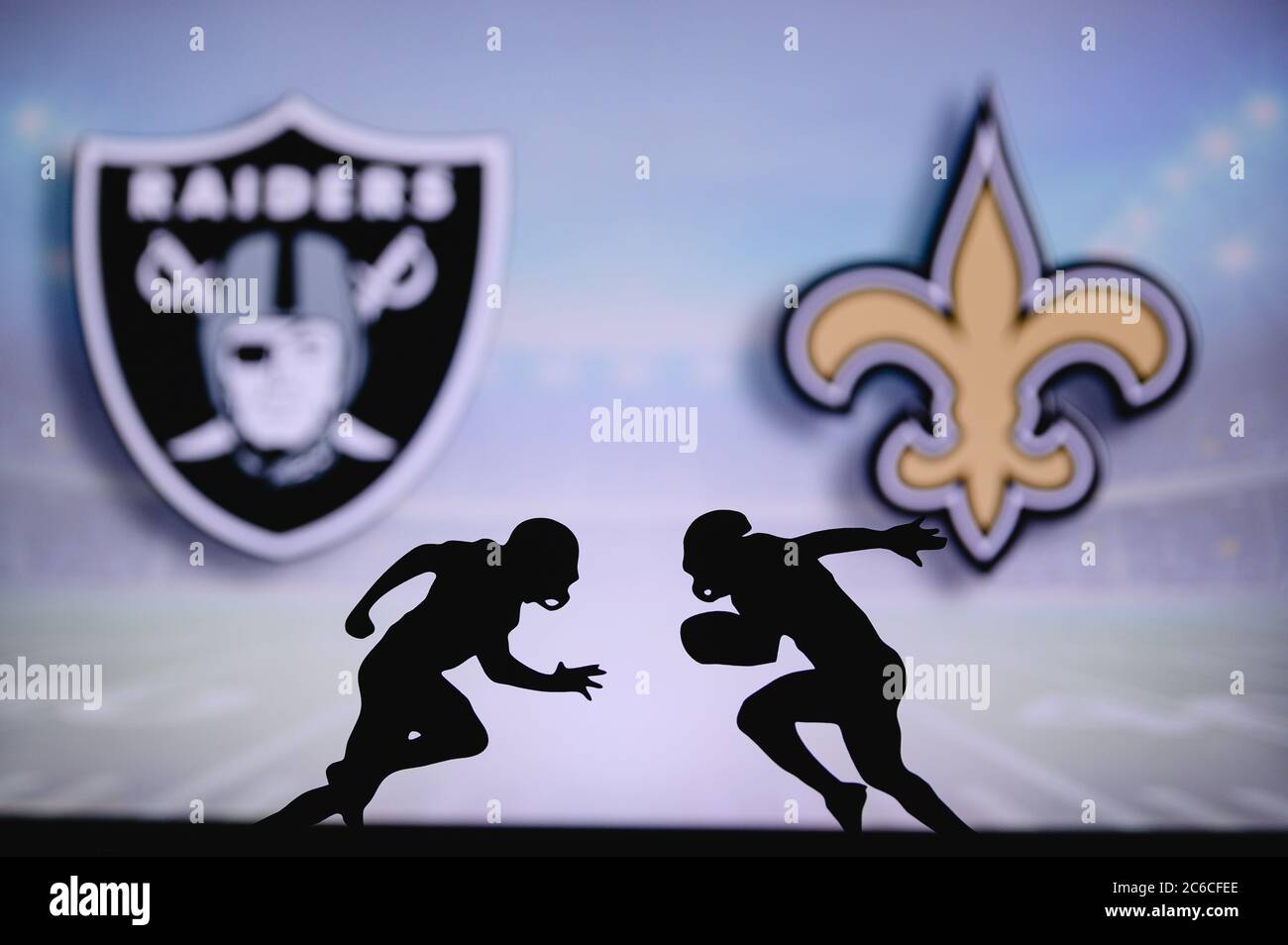 Las Vegas Raiders vs. New Orleans Saints. NFL match poster. Two