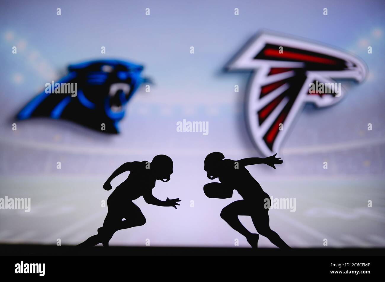 Carolina Panthers vs. Atlanta Falcons. NFL match poster. Two american  football players silhouette facing each other on the field. Clubs logo in  backgr Stock Photo - Alamy