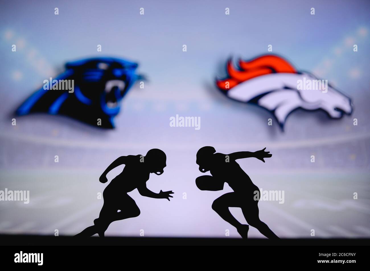 Carolina Panthers vs. Denver Broncos. NFL match poster. Two american  football players silhouette facing each other on the field. Clubs logo in  backgro Stock Photo - Alamy