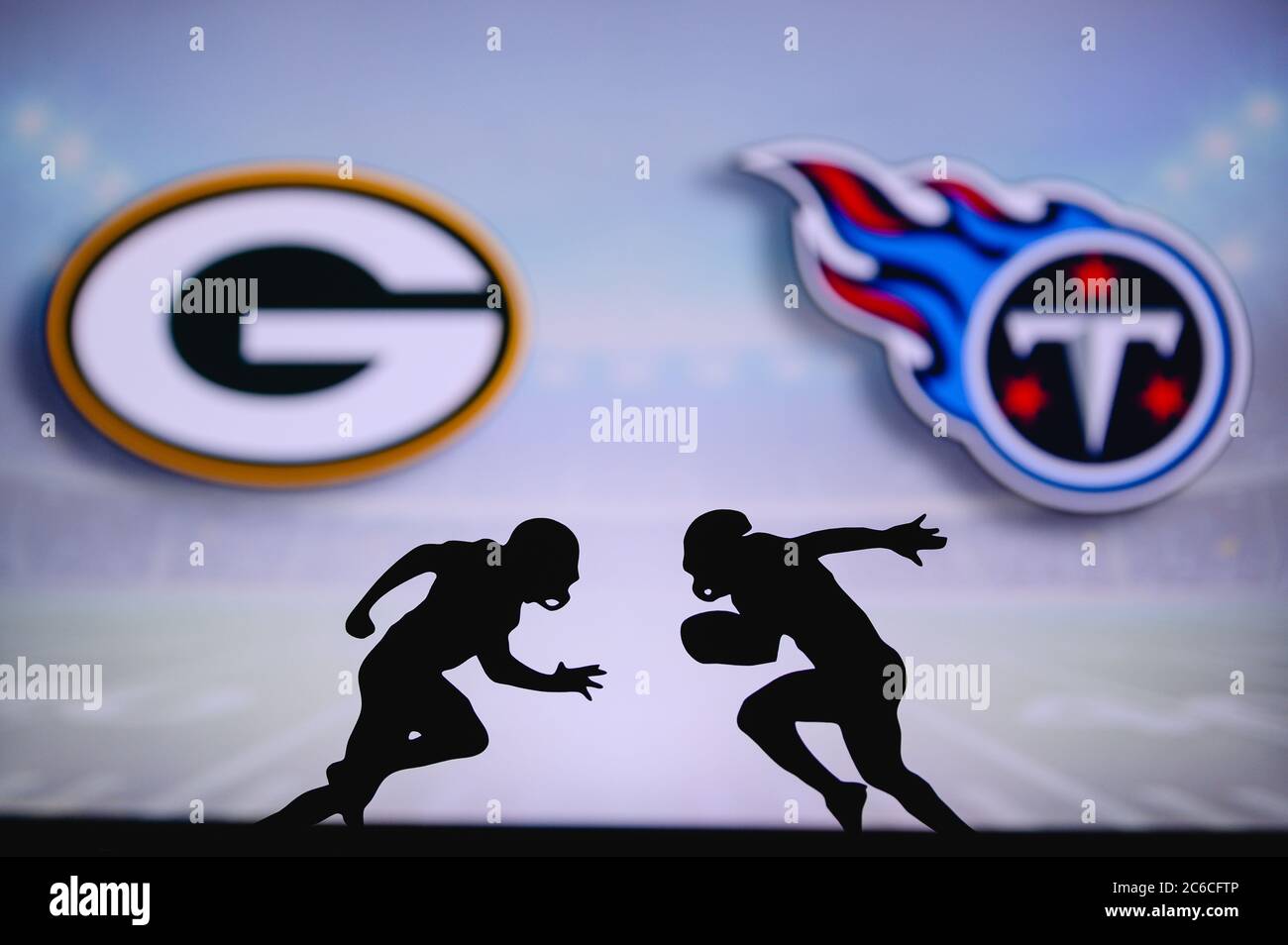 Green Bay Packers vs. Tennessee Titans. NFL match poster. Two american