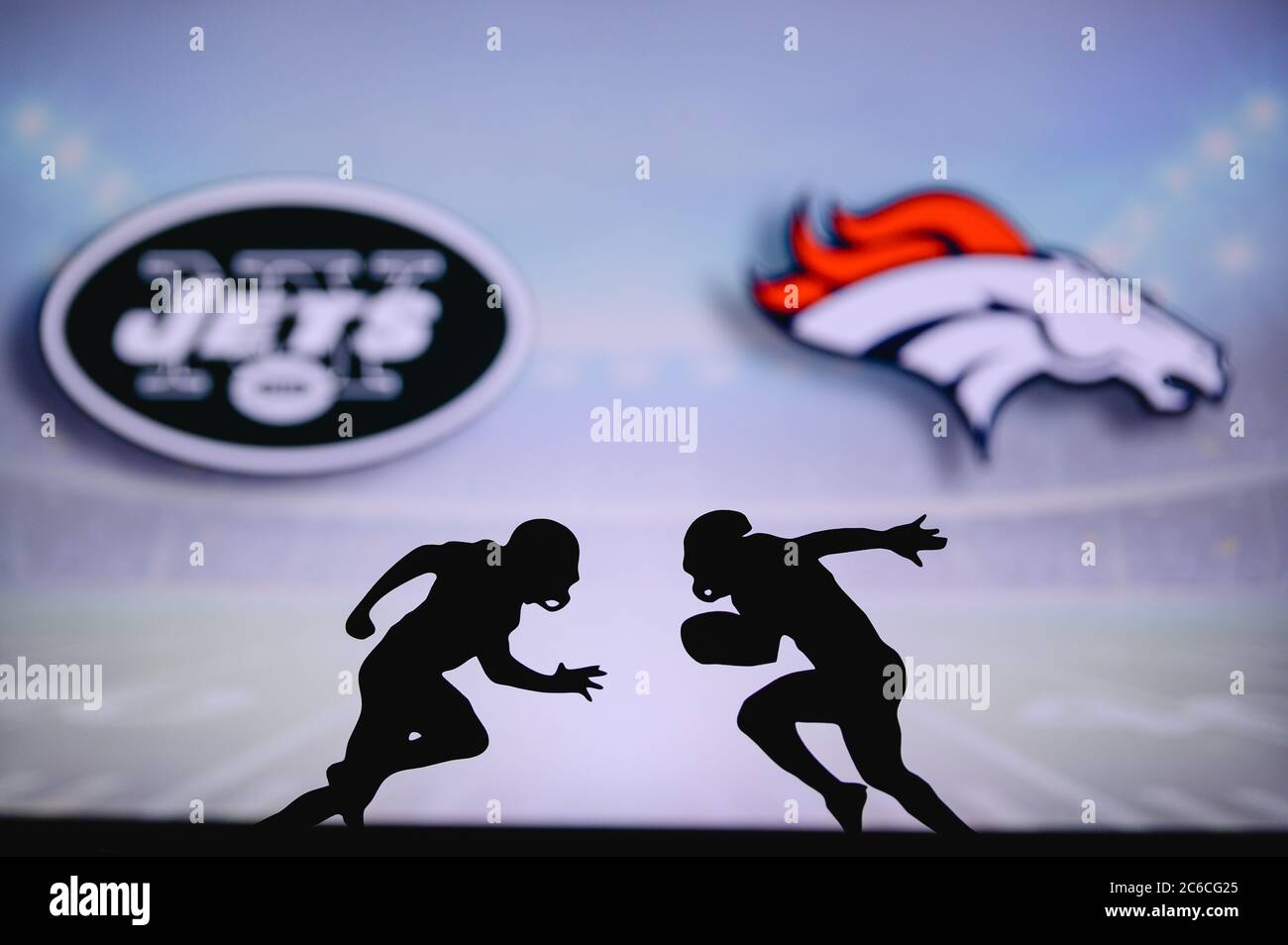 New York Jets vs. Denver Broncos. NFL match poster. Two american football  players silhouette facing each other on the field. Clubs logo in background  Stock Photo - Alamy