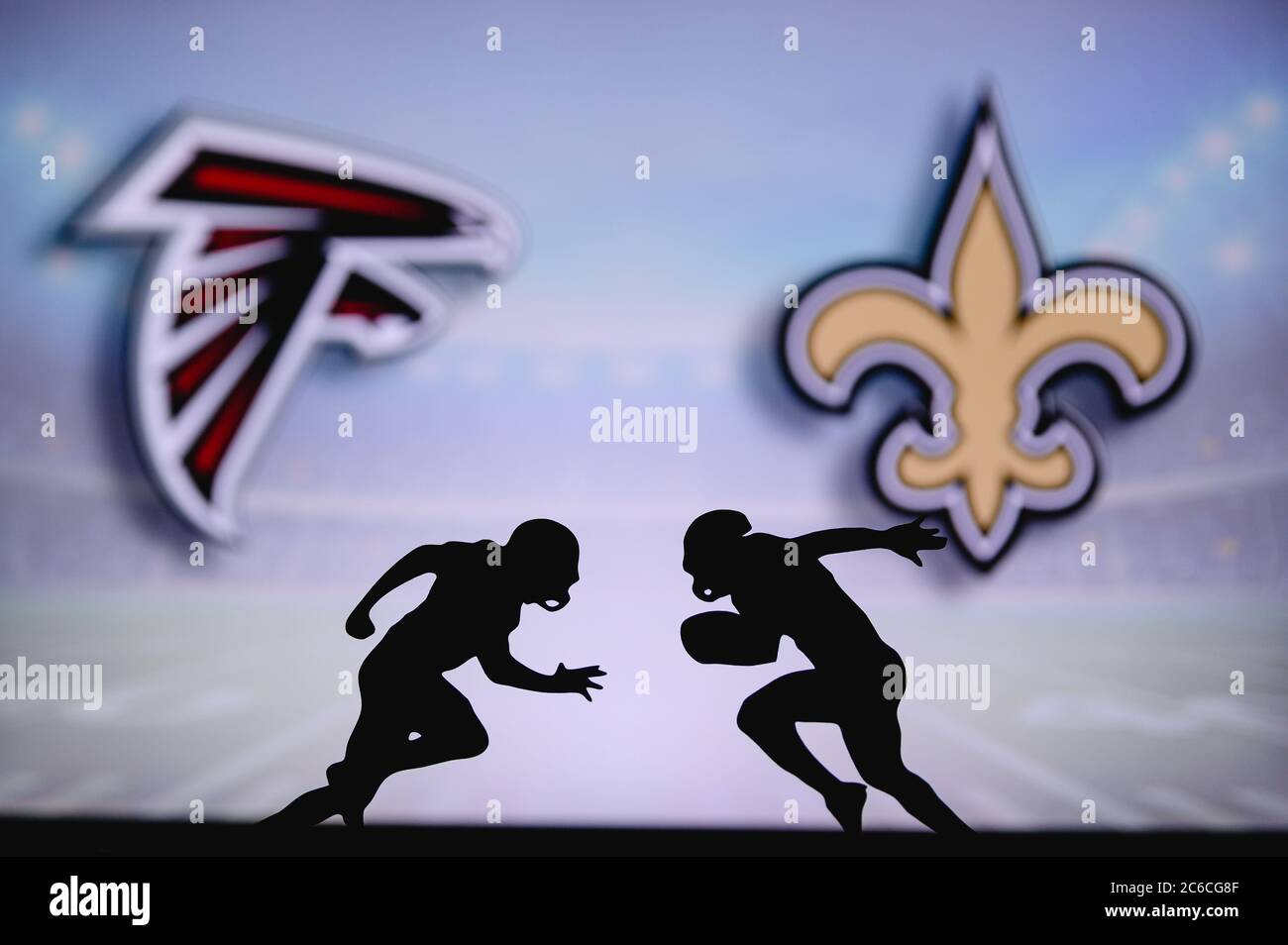 Atlanta Falcons vs. New Orleans Saints. NFL match poster. Two american football players