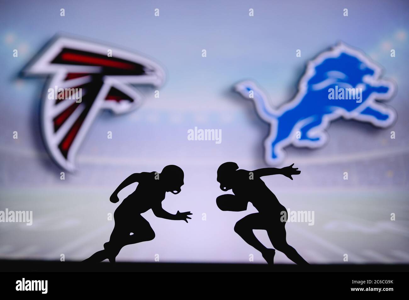 Atlanta Falcons Vs Detroit Lions Nfl Match Poster Two American Football Players Silhouette Facing Each Other On The Field Clubs Logo In Background Stock Photo Alamy