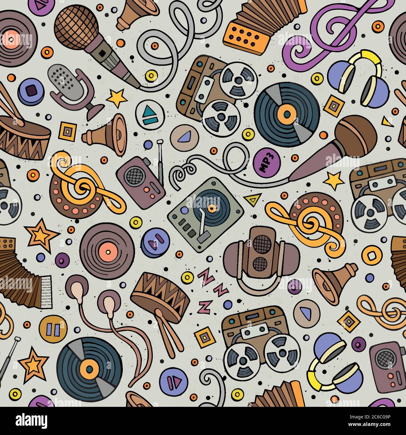 Cartoon hand-drawn musical instruments seamless pattern Stock Vector