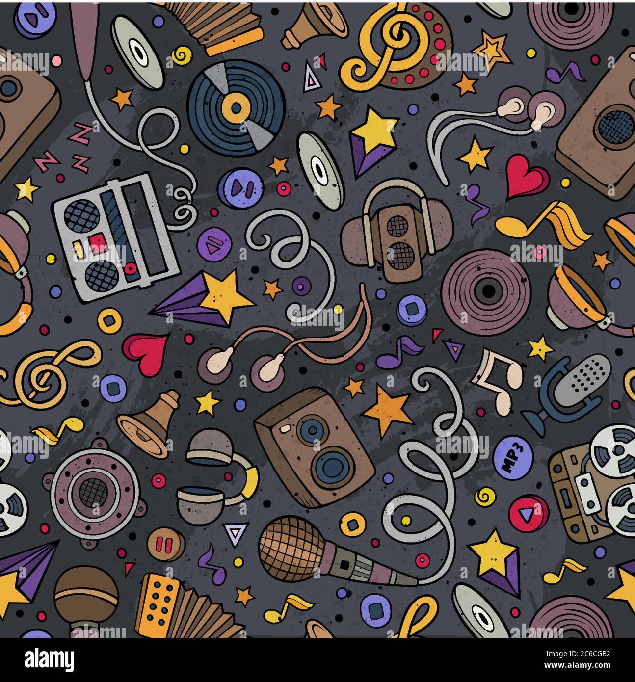 Cartoon hand-drawn musical instruments seamless pattern Stock Vector ...