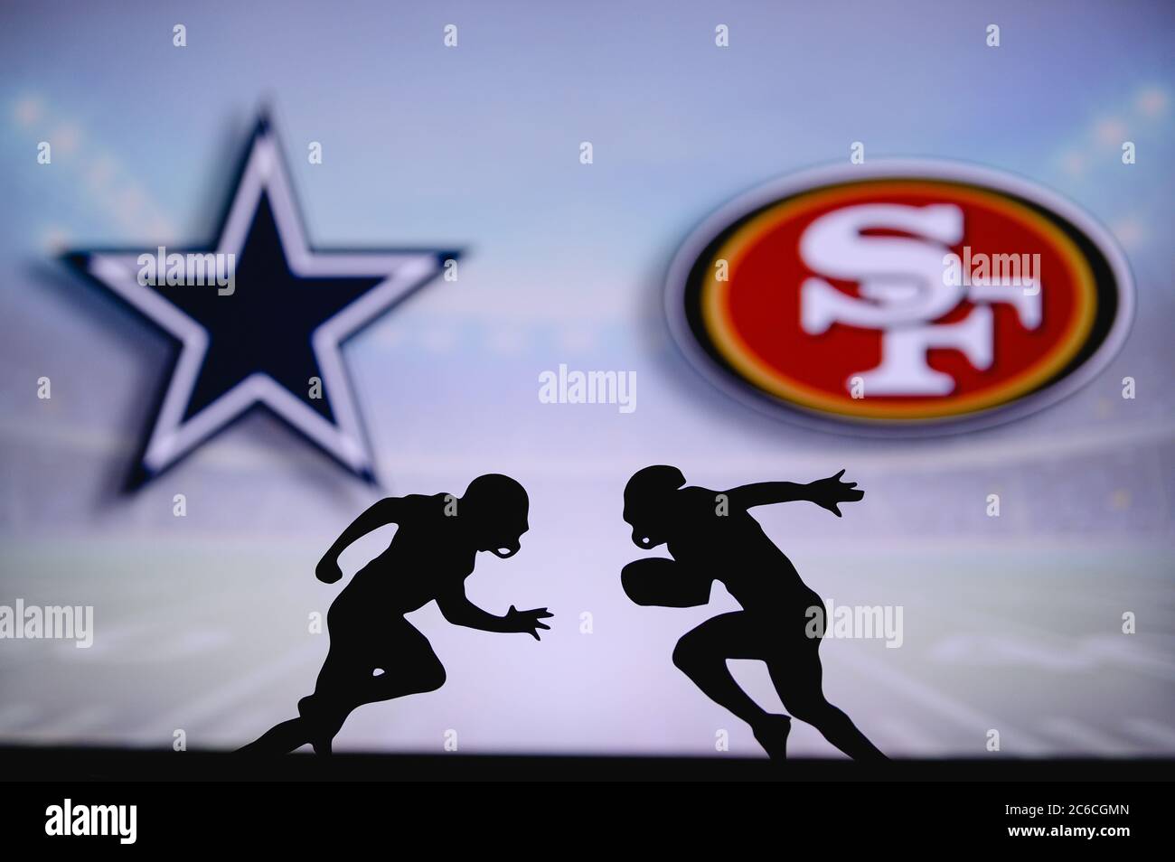 Dallas Cowboys vs. San Francisco 49ers. NFL match poster. Two american  football players silhouette facing each other on the field. Clubs logo in  backg Stock Photo - Alamy