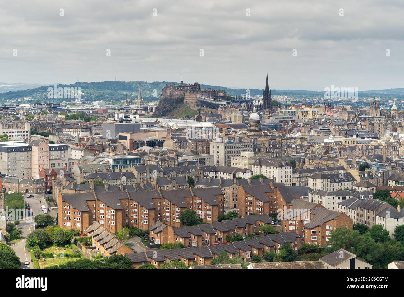 Spectacular view of Edinburgh from Holyrood Park on a cloudy summer day Stock Photo