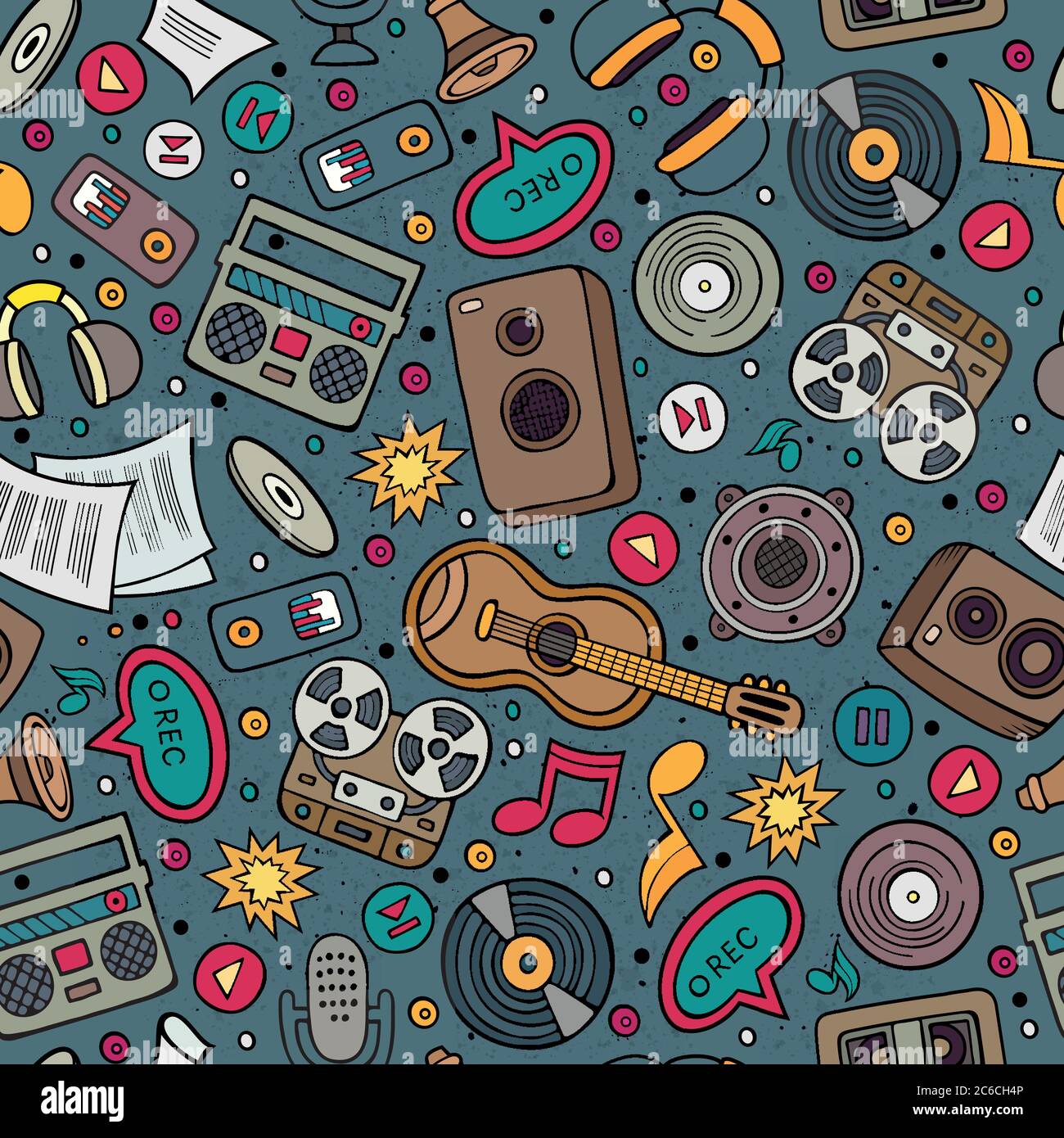 Cartoon hand-drawn musical instruments seamless pattern Stock Vector