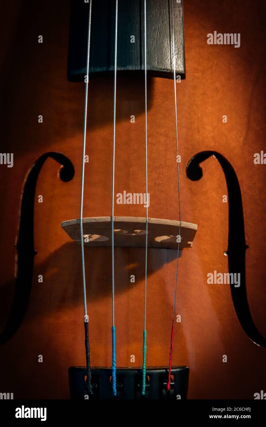 The view from above a violin and its strings. Stock Photo
