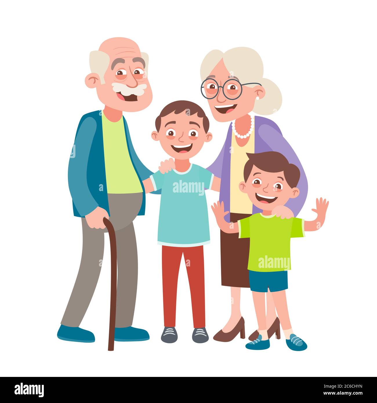 Grandparents and two grandsons portrait. Happy grandparents day concept. Vector illustration in cartoon style, isolated on white background. Stock Vector