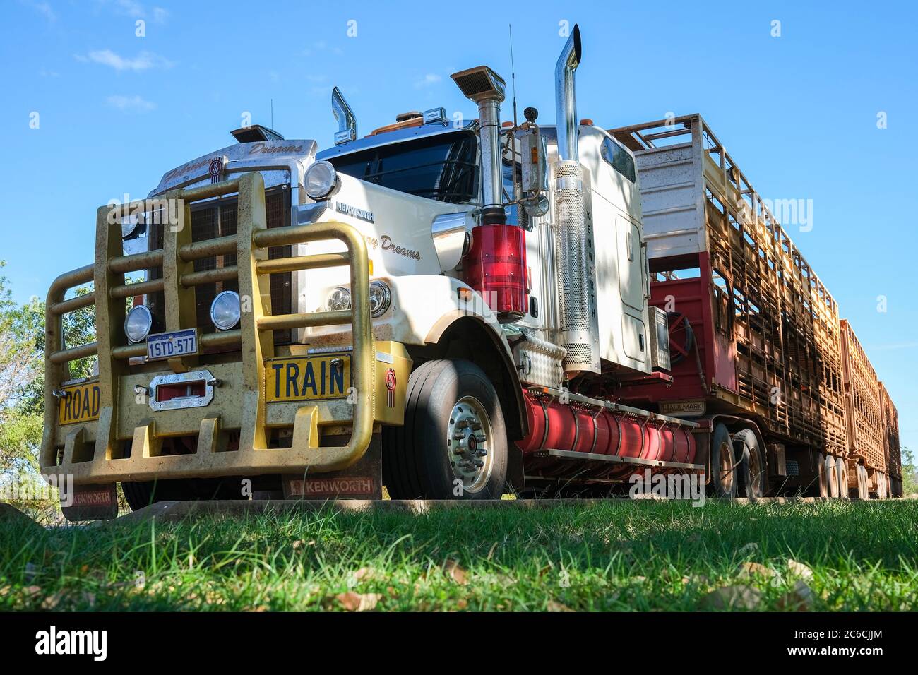 A Kenworth Road Train truck parked on the side of the road in the Northern Territory of Australia. Stock Photo