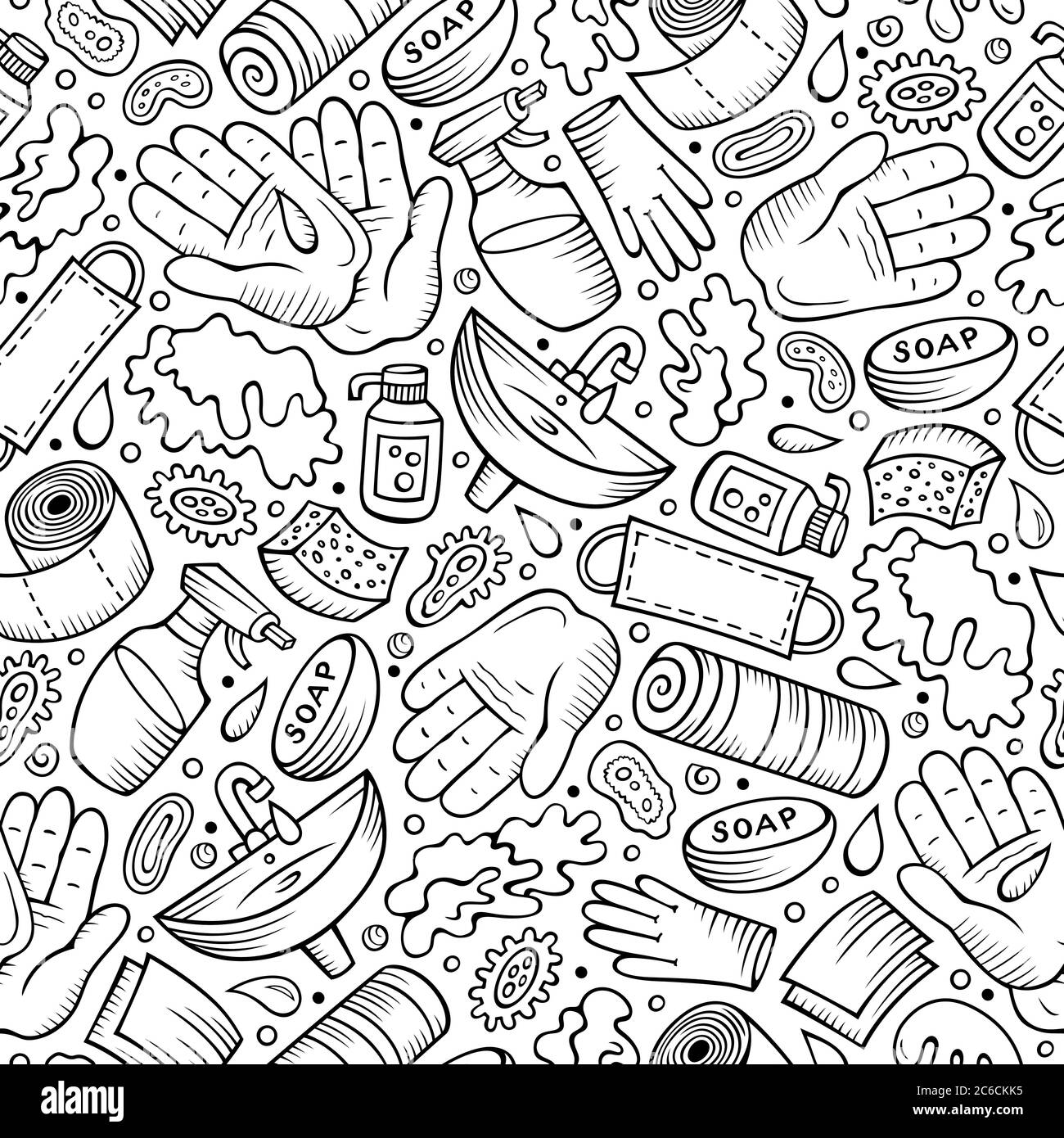 Hand wash hand drawn doodles seamless pattern. Protective measures background. Stock Vector