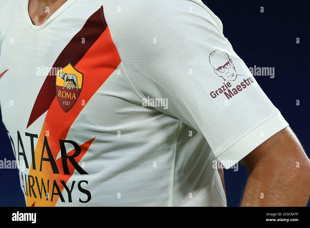 Rome, Italy. 08th July, 2020. The patch dedicated to Ennio Morricone during  the Serie A Tim match between AS Roma and Parma Calcio 1913 at Stadio  Olimpico on July 08, 2020 in