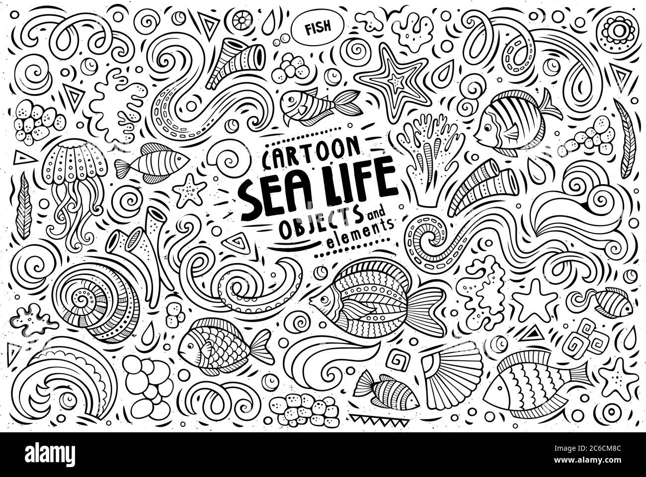Doodle cartoon set of Sea Life objects and symbols Stock Vector
