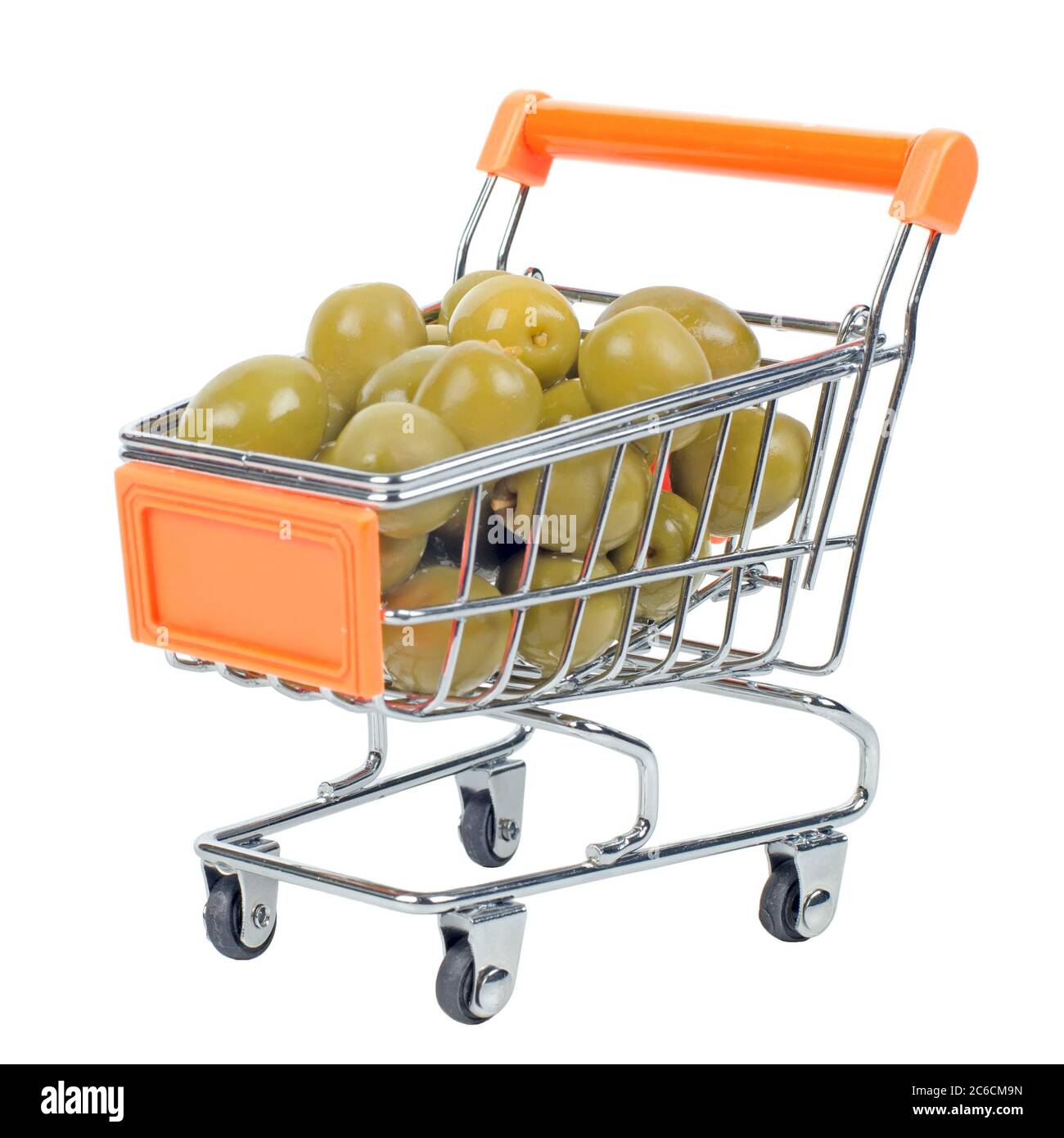 Green olives on shopping carts. Isolated on white Stock Photo