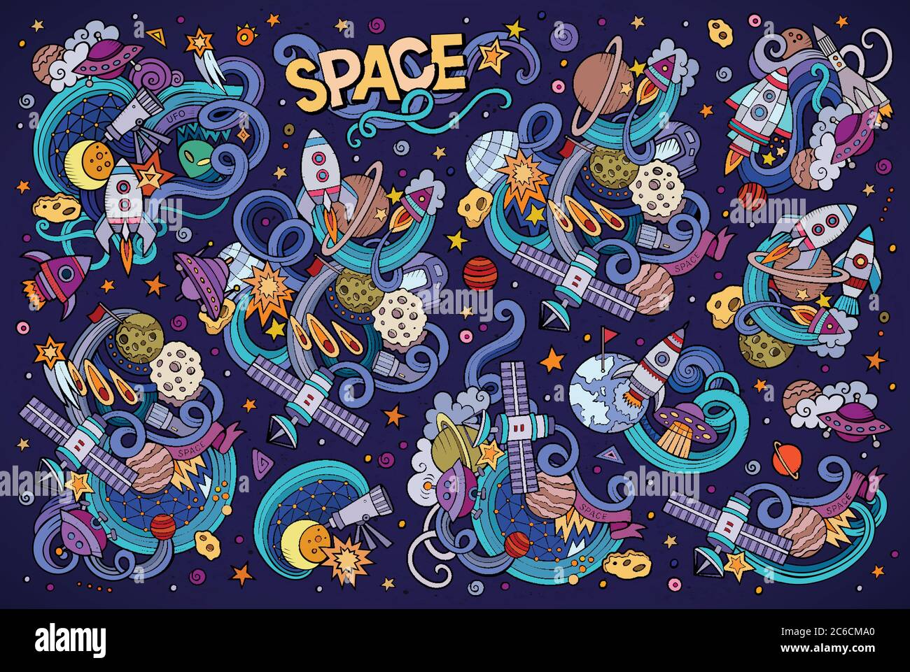 Colorful vector hand drawn doodles cartoon set of Space objects Stock ...