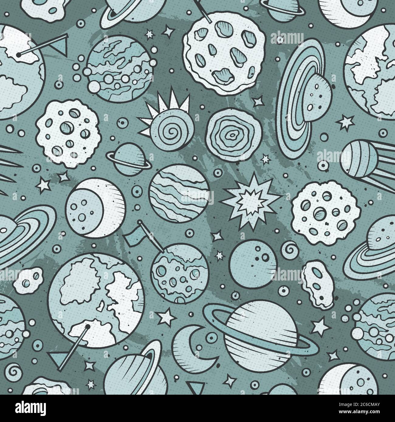 Cartoon hand-drawn space, planets seamless pattern Stock Vector Image ...