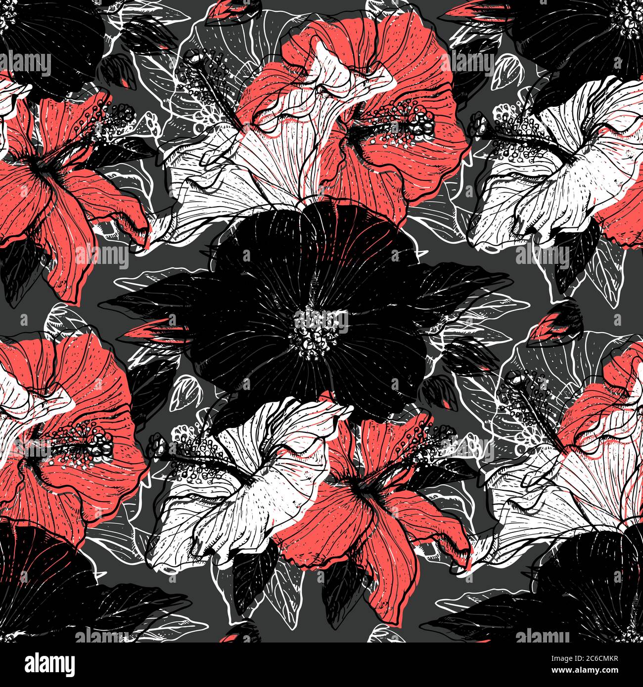 Colorful floral seamless pattern with hand drawn hibiscus flowers on ...