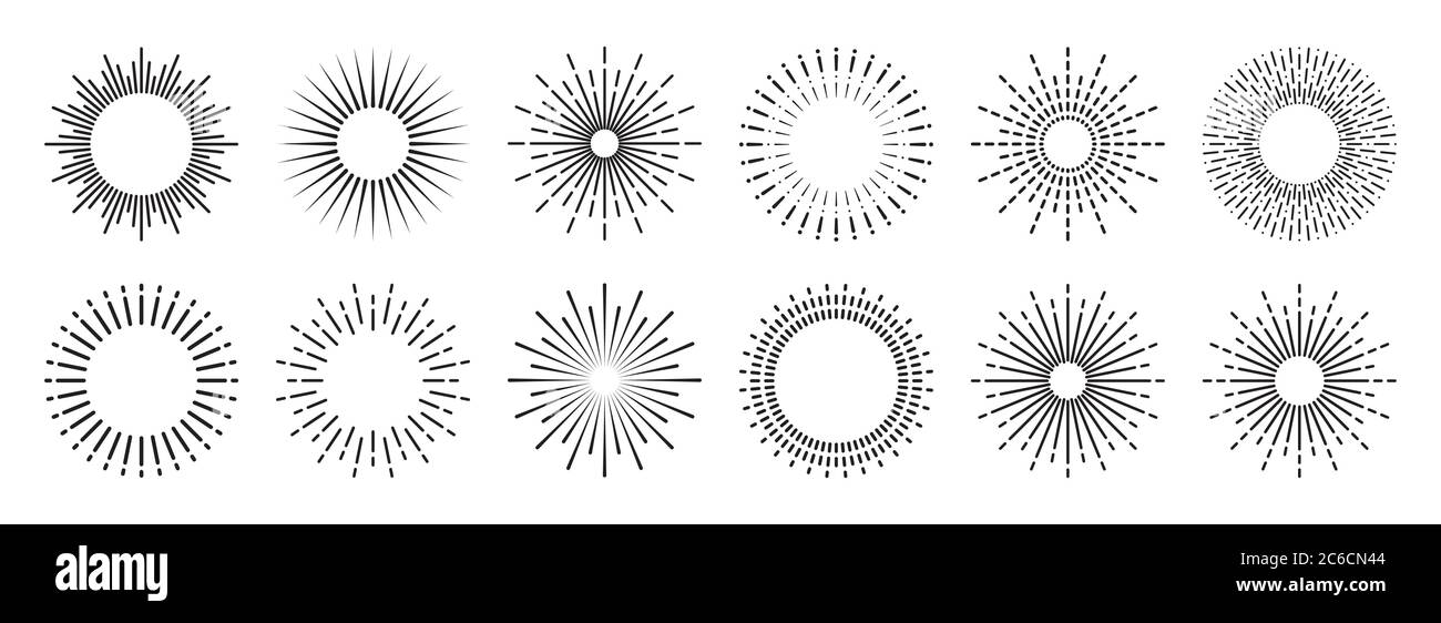 Vintage sunburst collection. Bursting sun rays. Fireworks. Logotype or lettering design element. Radial sunset beams. Vector illustration. Stock Vector