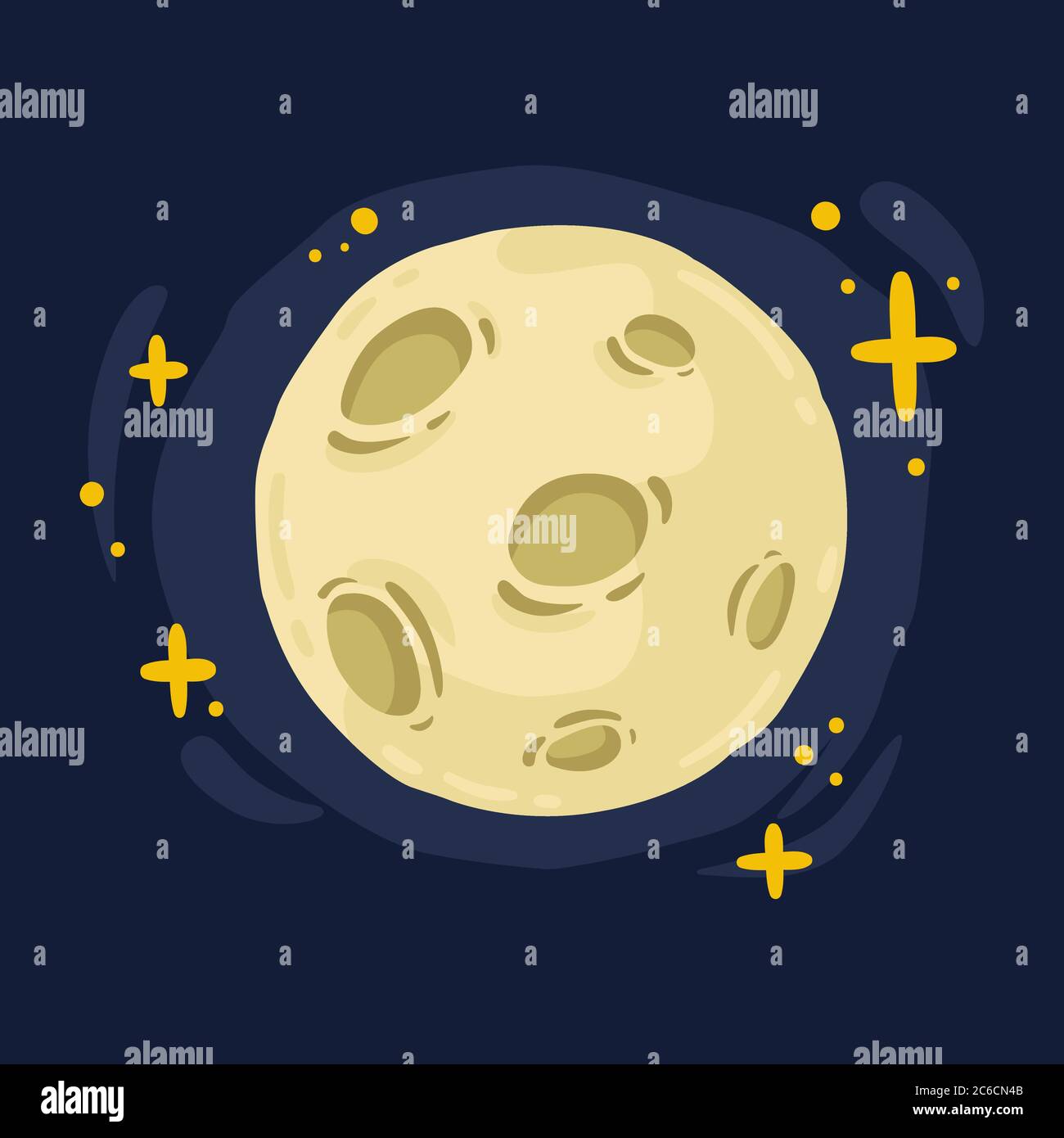 Full moon with craters and pattern around bright stars bewitching blue night sky. Science astronomy Earth satellite in space. Vector illustration isol Stock Vector