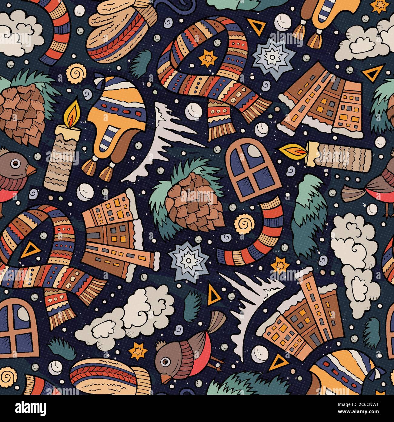 Cartoon cute hand drawn Winter season seamless pattern Stock Vector ...