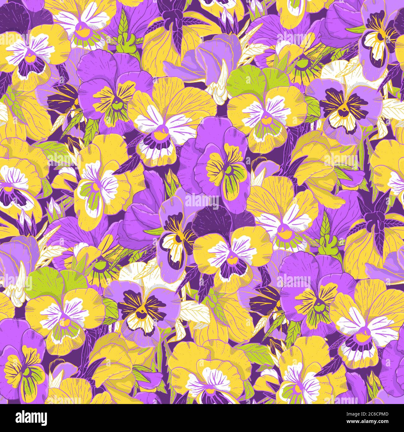 Colorful floral seamless pattern with hand drawn pansy flowers on dark ...