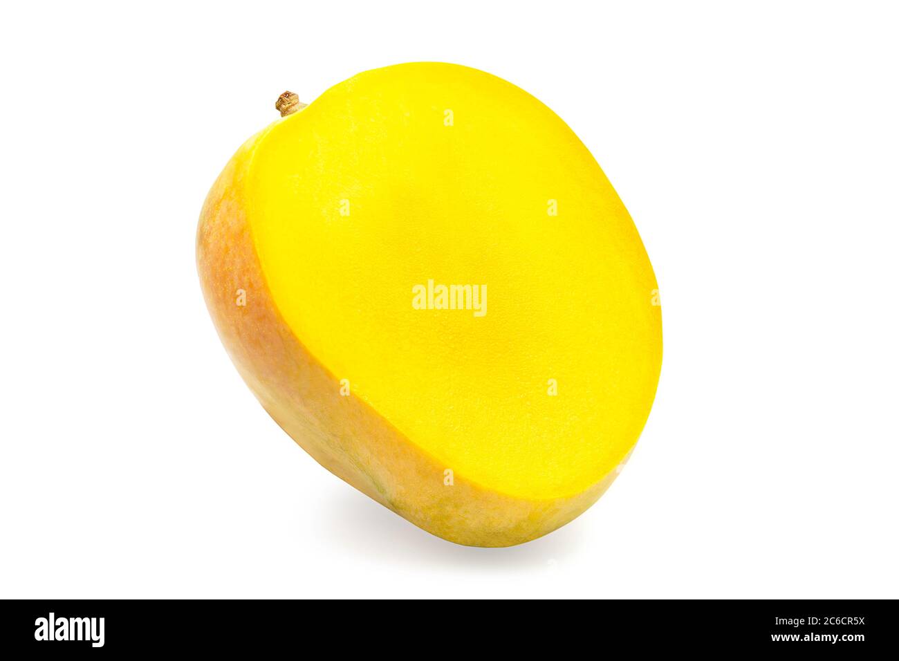 Organic chinese ripe R2E2 mango cut a half so juicy and fresh on white