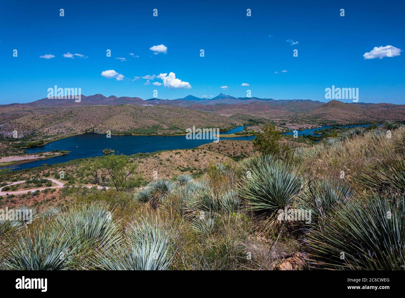 An overview of Patagonia Lake from Overlook Trail. Patagonia Lake State Park near Nogales