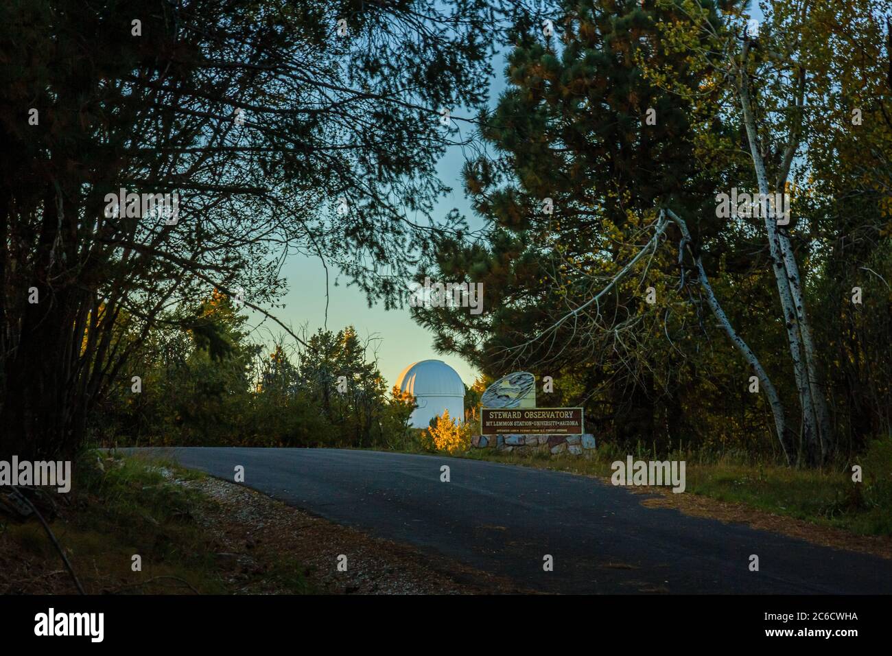 The entrance to Steward Observatory bathed in golden light. Mt Lemmon near Tucson, Arizona. Stock Photo