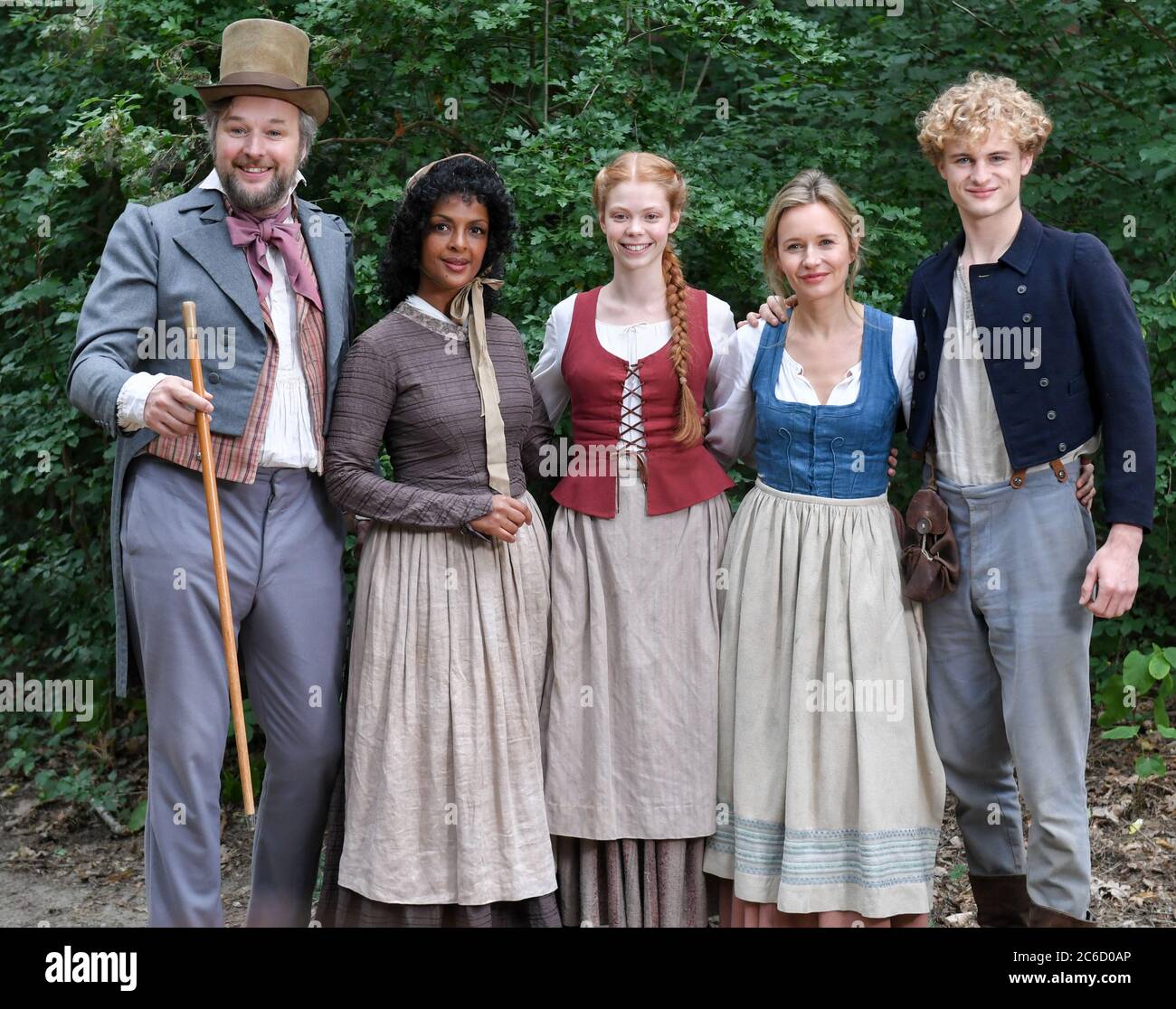 berlin germany 08th july 2020 the actors stephan grossmann l r dennenesch zoude valerie sophie korfer stefanie stappenbeck and justus czaja during shooting for the film das marchen vom goldenen taler the fairy