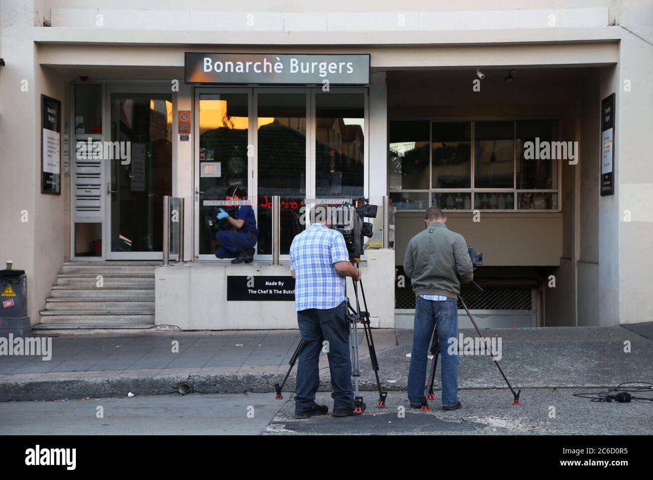 The media film outside Peter Zervas’s unit complex on Norton Street, Leichhardt in Sydney’s inner-west. Stock Photo