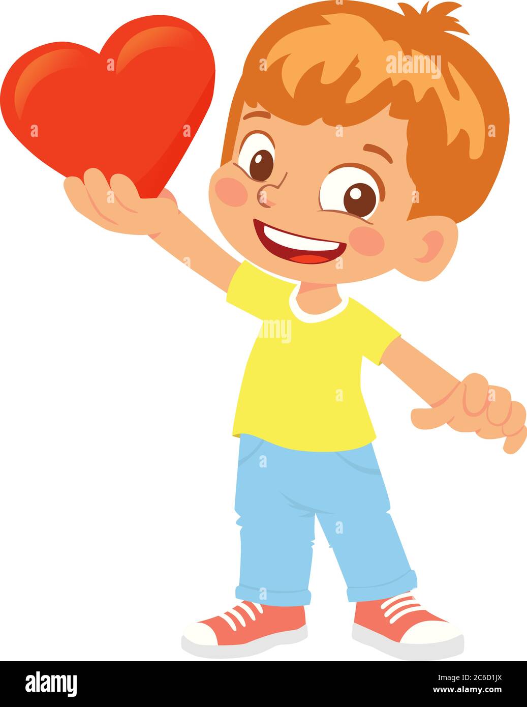 Boy holds heart. Young smiling character holding red heart Stock Vector ...