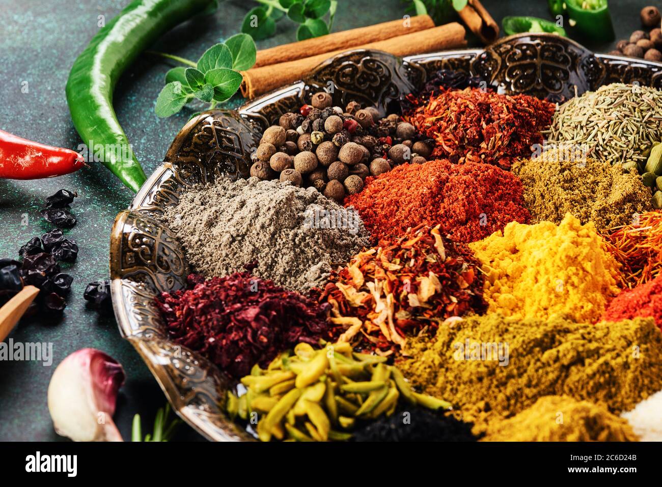 Various spice and dried herbs. Stock Photo