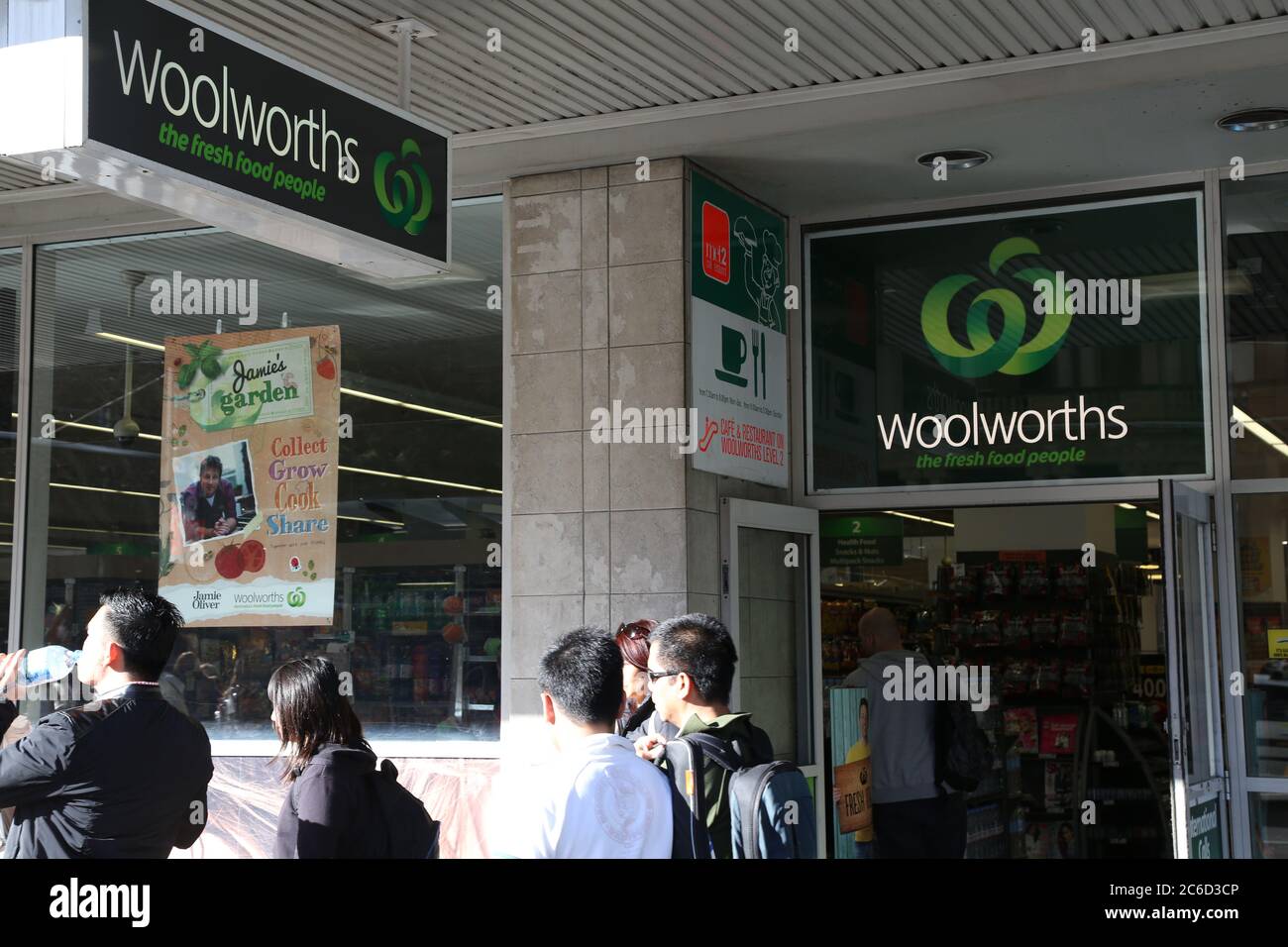 The Woolworths supermarket store opposite Sydney Town Hall at the corner of George Street and Park Street. Stock Photo