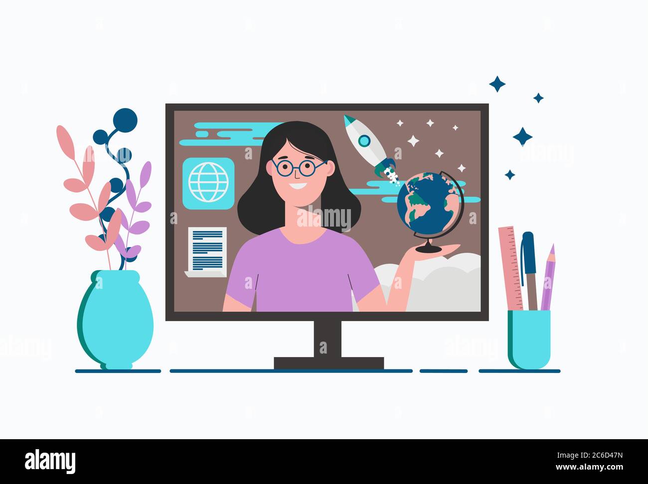 Cartoon Remote Lessons Remote education for schoolchildren. Education at home online. A ...