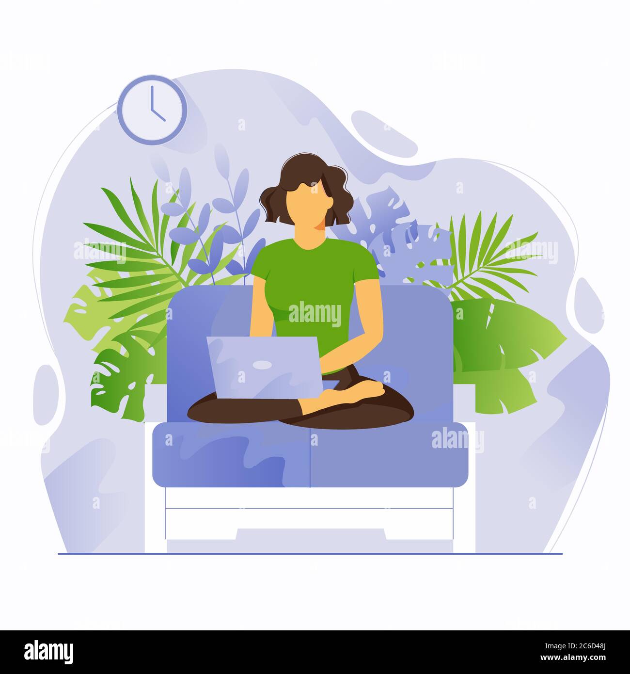 Work online from home and freelance. A girl in a lotus position sits on ...